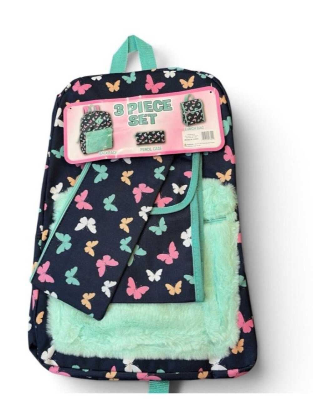 3 Piece Full Size Backpack Set Lunch Bag Pencil Case Butterfly Pattern Plush NWT